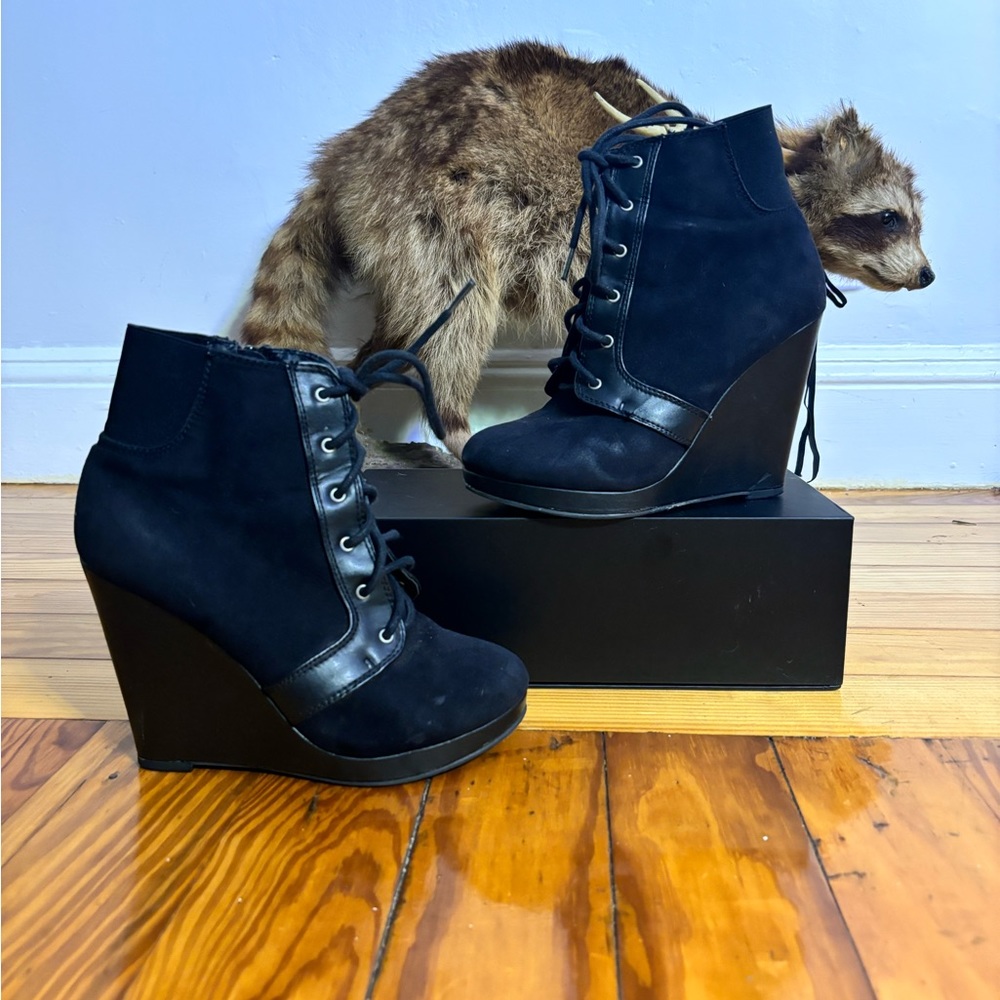 Black wedge lace up party shoe